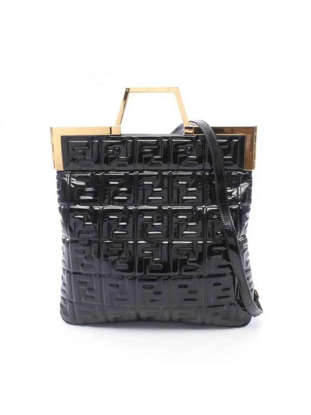 Fendi Tote FF Embossed 2-Way Black Patent Leather Handbag